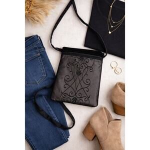 Black Velvet Crossbody Bag Embroidered Scroll Small Boho Evening Purse
